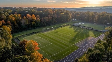 Scenic Autumn Soccer Field Nestled in Picturesque Countryside Landscape