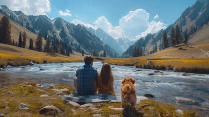 Couple man and woman with a dog relaxing near the river against the background of mountains