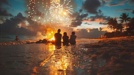 A group of people are sitting on the beach at sunset, watching fireworks