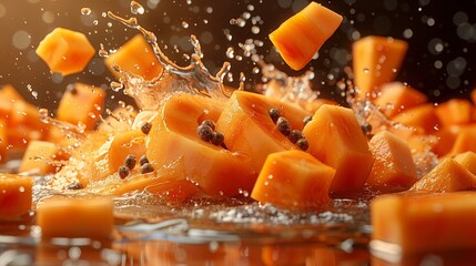 Luscious Papaya Juice Eruption, Orange Papaya Pieces Soaring, Vibrant Orange Background