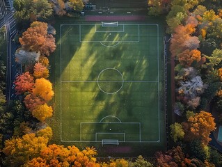 Aerial View of Vibrant Autumnal Soccer Field in Lush Woodland Setting