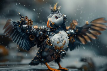 A funny little robotic steampunk Atlantic puffin bird with outstretched wings and many small gears & spikes on its body & wings with a large feather mohawk hairstyle