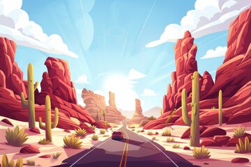 A road trip scene with a car driving through a desert landscape, with cacti and rock formations on either side of the road under a bright, sunny sky.