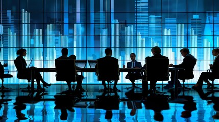 Businesspeople reviewing financial reports and discussing market trends in a boardroom meeting, with charts and graphs displayed on digital screens.