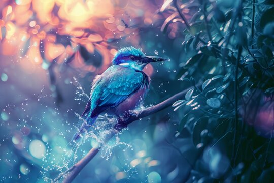 A vivid technoscapes of a beautiful bird perched in a tree, high octane with 3D chaotic splash 