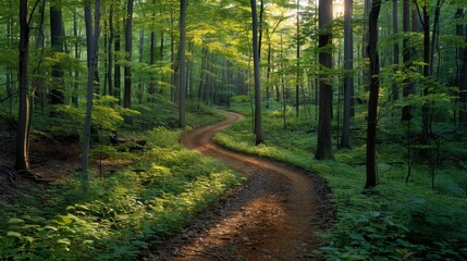 Obraz premium A winding path through a forest with sunlight shining through the trees