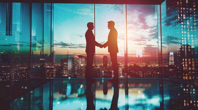 Two business professionals shaking hands in agreement during a successful negotiation, with a city skyline visible through the office window, symbolizing corporate partnership and growth.