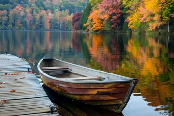 Obraz premium A rowboat anchored near a dock, with colorful autumn trees reflecting in the calm lake water.