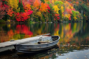 A rowboat anchored near a dock, with colorful autumn trees reflecting in the calm lake water.