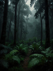 Lush and dense forest with an abundance of trees and ferns creating a vibrant green landscape. Sun rays piercing through the canopy, illuminating the dark undergrowth.
