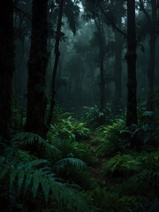 Fototapeta premium Lush and dense forest with an abundance of trees and ferns creating a vibrant green landscape. Sun rays piercing through the canopy, illuminating the dark undergrowth.