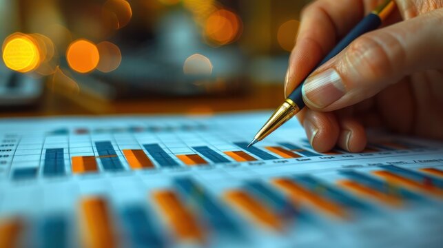 Close-up of a financial advisor's hand highlighting trends on a printed graph. which demonstrates analytical skills