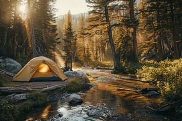 A tent pitched in a serene forest clearing, with morning sunlight filtering through the trees and a nearby stream gently flowing.