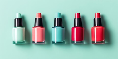 Obraz premium Nail polishes on a plain pastel green background with soft lighting