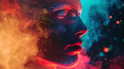 Bright neon lights mixed with colorful powder for a dynamic and energetic double exposure effect