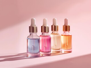 Antiaging serums on a plain pale pink background with soft shadows