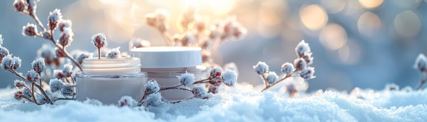 Exfoliating masks on a snowy winter landscape with soft light