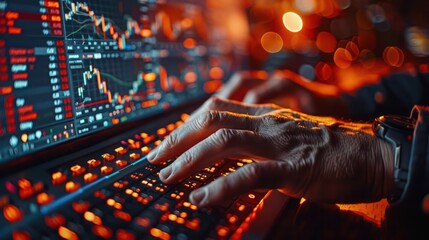 A stock trader hands analyzing live trading data on screens, capturing market analysis.