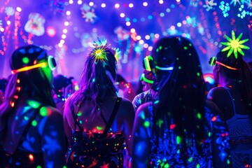 A vibrant scene of festival-goers wearing glow-in-the-dark accessories and dancing to electronic music, with laser lights cutting through the night.