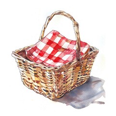 Minimalistic watercolor of a picnic basket on a white background, cute and comical.