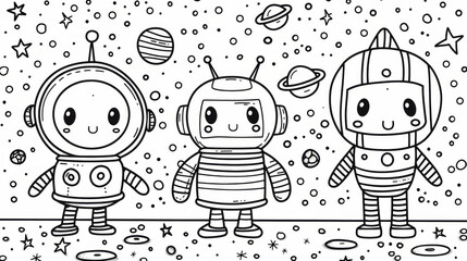 The image is a black and white illustration of three cute robots in space, no color.