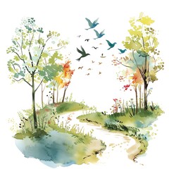 Minimalistic watercolor of a serene forest scene with chirping birds and a winding stream on a white background, cute and comical.