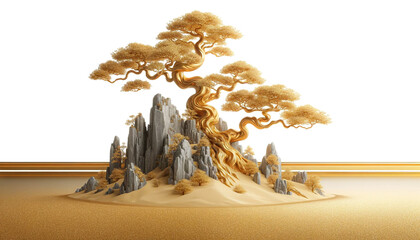 Fototapeta premium Abstract art traditional Chinese nature landscape scene an ancient tree on rocky mountains luxury style gold black and white tones on white background with copy space.