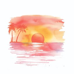 Minimalistic watercolor of a tropical sunset painting the sky in shades of orange and pink on a white background, cute and comical.