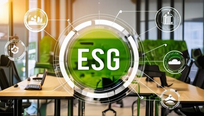 ESG standards letters in green transparent colors in the office as graphics and positive green...