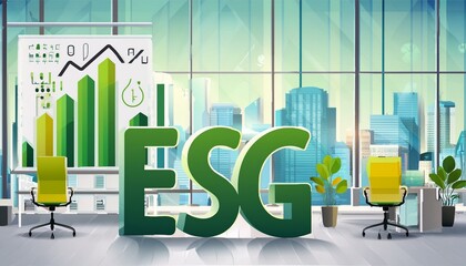 ESG office - Environmental, social, and governance business principles being factors to assess the sustainability of companies and countries. corporations and wider society encompassing climate change