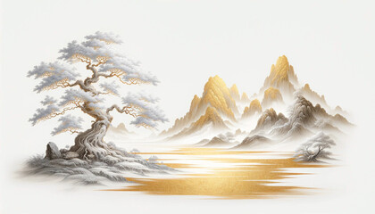 Abstract art traditional Chinese nature landscape scene an ancient tree on rocky mountains luxury style gold black and white tones on white background with copy space.