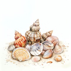 Obraz premium Minimalistic watercolor of a seashell collection on a sandy beach on a white background, cute and comical.