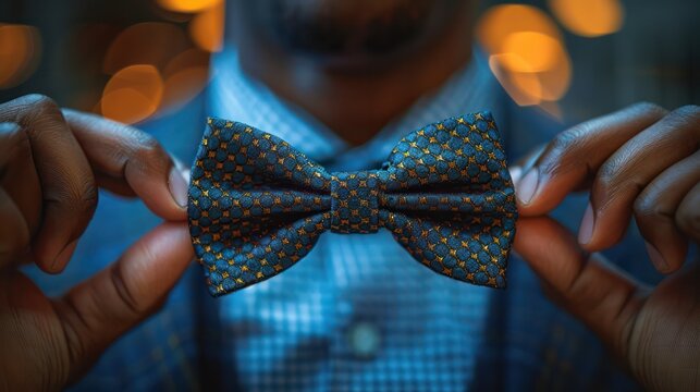A hands adjusting a bow tie for a corporate event, representing professionalism and attention to appearance.