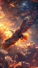 A majestic eagle soaring through a vibrant cosmic sky filled with clouds and stars.