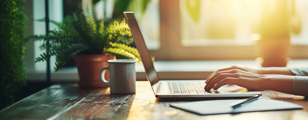 A person typing on a laptop with a coffee cup and notebook on a wooden table, warm sunlight. Generative AI