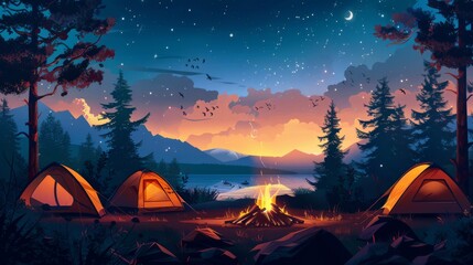 A painting of a campsite with two tents and a fire