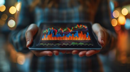 A Hand holding a tablet with dynamic financial analysis on the screen Demonstrate data-driven decision making.
