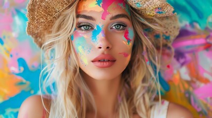 Obraz premium Portrait of blonde woman in hat and colorful body art woman
