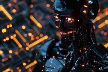 Smiling artificial intelligence - 3D illustration of dark pixel smile faced male robot figure with abstract computer circuit board background