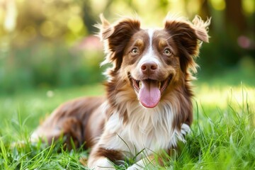 Dog Outside. Border Collie Lying Down on Green Grass with Tongue Out in Nature Setting