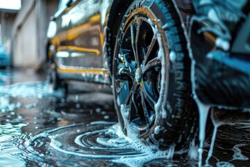 Auto Wheels Detailing: Clean Black Car Wheels in Carpeted Setting
