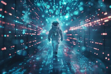 Star portal entry / 3D illustration of science fiction astronaut travelling through glowing virtual reality code