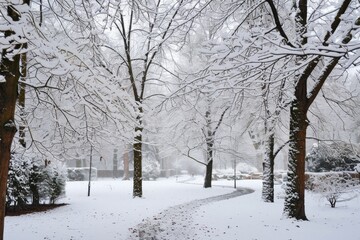 Snowy Park with Autumn Leaves