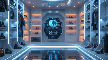 A futuristic foyer adorned with smart home panel, stylish shoe cabinet, digital display.