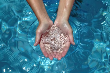 Water In Hands. Female Cupped Hands Submerged in Clear Blue Water