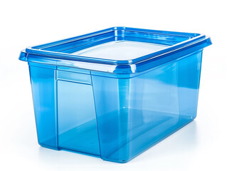 A plastic container with a lid. It is empty. The container is square.