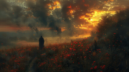 Fototapeta premium the girl is standing in the field before the beginning of a thunderstorm