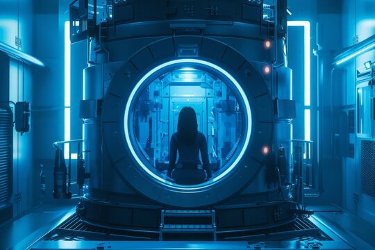 The woman clone pod / 3D illustration of science fiction scene showing human female figure in inside complex futuristic alien incubator cloning machinery 