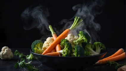 The steam from the vegetables carrot broccoli Cauliflower in a black bowl, a steaming. Boiled hot Healthy food on table on black background,hot food and healthy meal concept