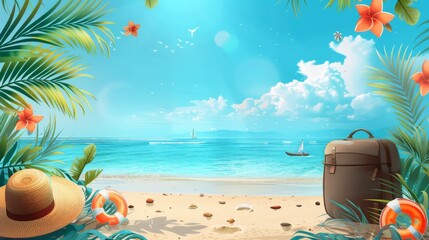 A beach scene with a suitcase and a hat on the sand